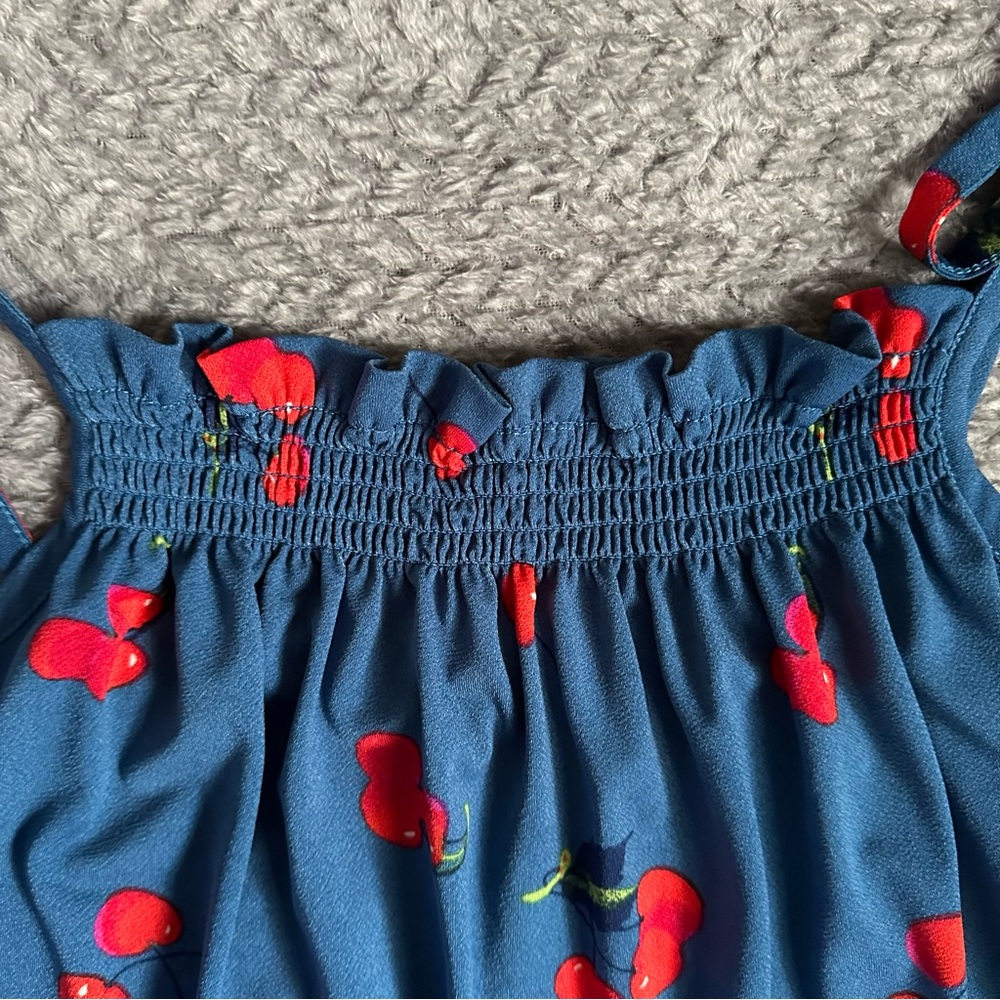 Modcloth Blue Smocked Cherry Print Tank Top with Tie Front Size XL - Picture 5 of 10
